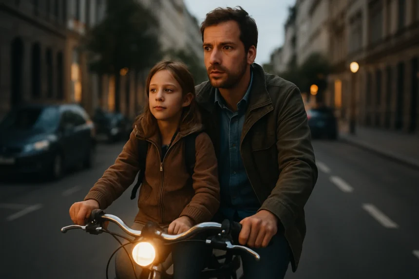 Rodina jazdiaca na bicykli s dynamo svetlom v mestskom prostredí