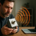 Muž skúma magnetrón a jeho elektromagnetické žiarenie.