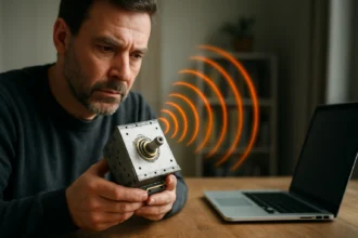 Muž skúma magnetrón a jeho elektromagnetické žiarenie.