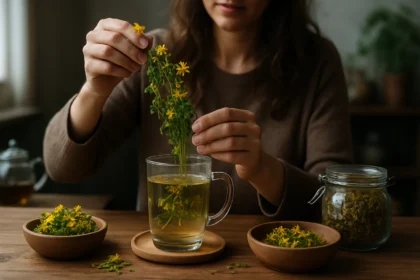 Žena pripravuje čaj z lastovičníka, ukazuje jeho blahodarné účinky.