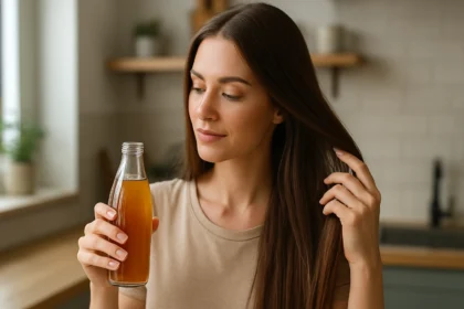 Žena s dlhými lesklými vlasmi držiaca fľašu octu v kuchyni.