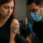 Tetovanie ženy s ružou na ramene, tatér v ochranných rukaviciach a maske.