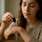 Žena aplikuje éterický olej z vetiveru na ruku