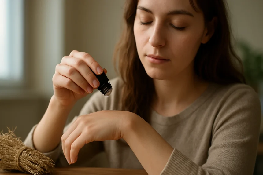 Žena aplikuje éterický olej z vetiveru na ruku