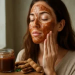 Žena s tamarindovým džemom na tvári, používa ho ako pleťovú masku.