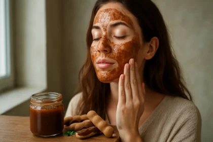 Žena s tamarindovým džemom na tvári, používa ho ako pleťovú masku.