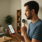 Muž ovládajúci mobilný termostat prostredníctvom smartfónu.