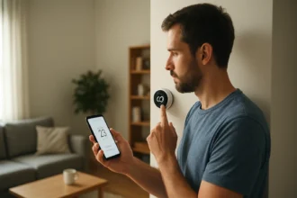 Muž ovládajúci mobilný termostat prostredníctvom smartfónu.