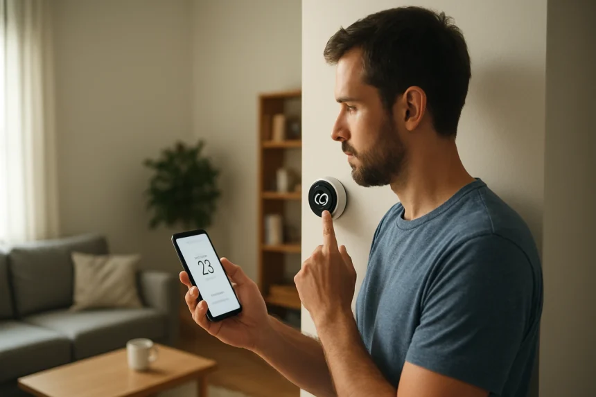 Muž ovládajúci mobilný termostat prostredníctvom smartfónu.