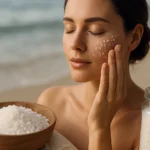 Žena s morskou soľou na tvári pri mori