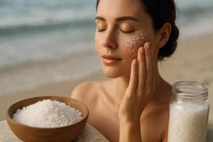 Žena s morskou soľou na tvári pri mori