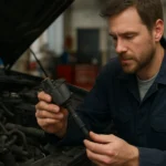 Mechanik skúma zapaľovaciu cievku pri oprave auta.