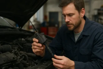 Mechanik skúma zapaľovaciu cievku pri oprave auta.