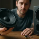 Muž skúma reproduktor a jeho komponenty na stole.