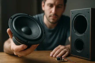 Muž skúma reproduktor a jeho komponenty na stole.