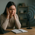 Žena trpiaca bolesťami hlavy od elektromagnetického žiarenia pri práci.