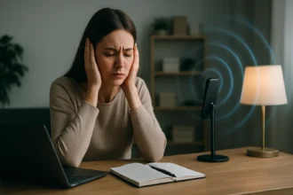 Žena trpiaca bolesťami hlavy od elektromagnetického žiarenia pri práci.