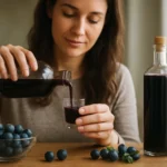 Žena nalieva trnkový sirup do pohára, vedľa sú čučoriedky.