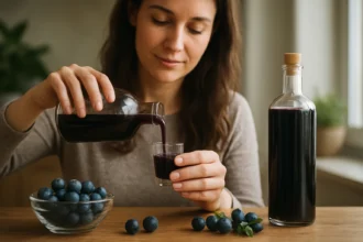 Žena nalieva trnkový sirup do pohára, vedľa sú čučoriedky.