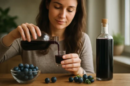 Žena nalieva trnkový sirup do pohára, vedľa sú čučoriedky.