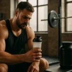 Muž s kreatínom a proteínom na posilňovaní v telocvični