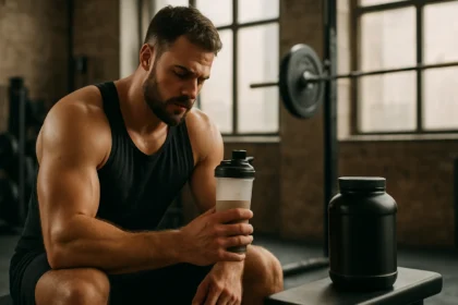 Muž s kreatínom a proteínom na posilňovaní v telocvični