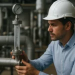 Muž kontroluje rotameter v priemyselnom prostredí