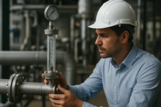 Muž kontroluje rotameter v priemyselnom prostredí