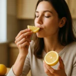 Žena vychutnáva čerstvý citrón ako súčasť zdravej stravy.