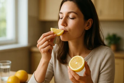 Žena vychutnáva čerstvý citrón ako súčasť zdravej stravy.