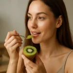 Žena si vychutnáva kiwi pre krásnu pleť a zdravie.