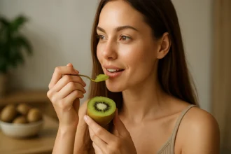 Žena si vychutnáva kiwi pre krásnu pleť a zdravie.