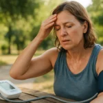 Žena s vysokým krvným tlakom v letných horúčavách