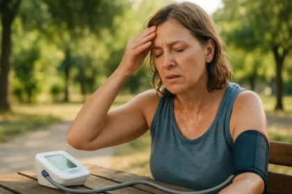 Žena s vysokým krvným tlakom v letných horúčavách