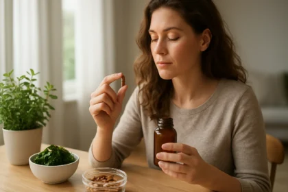 Žena užívajúca riasinové kapsuly pre zdravie a vitalitu