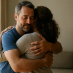 Dvoch sa objímajú v pohodlnom prostredí, vyjadrujúc lásku a podporu.