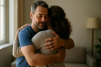 Dvoch sa objímajú v pohodlnom prostredí, vyjadrujúc lásku a podporu.