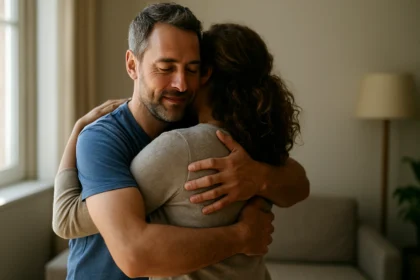 Dvoch sa objímajú v pohodlnom prostredí, vyjadrujúc lásku a podporu.