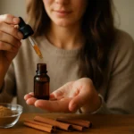 Žena aplikuje škoricový olej pomocou pipety