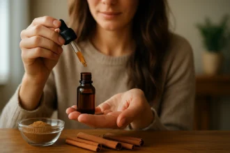 Žena aplikuje škoricový olej pomocou pipety