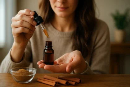 Žena aplikuje škoricový olej pomocou pipety
