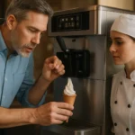 Muž a žena pri zmrzlinovom stroji pripravujú čerstvú zmrzlinu.