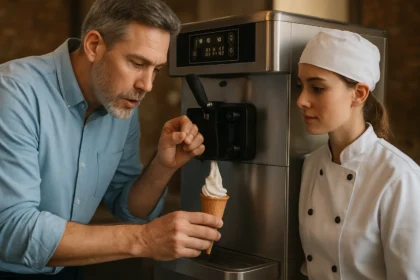 Muž a žena pri zmrzlinovom stroji pripravujú čerstvú zmrzlinu.