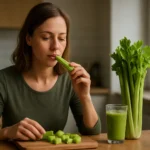 Žena ochutnáva zeler, vedľa má sklenený smoothie a čerstvý zeler.