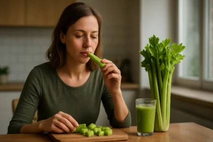 Žena ochutnáva zeler, vedľa má sklenený smoothie a čerstvý zeler.
