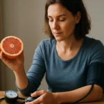 Žena meria krvný tlak s grapefruitom v ruke ako symbol zdravia.