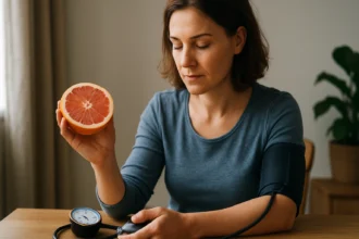 Žena meria krvný tlak s grapefruitom v ruke ako symbol zdravia.