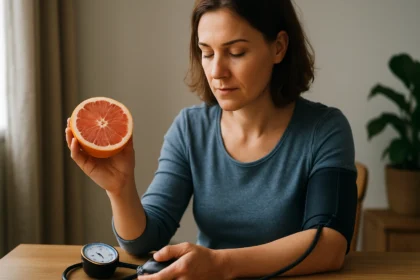 Žena meria krvný tlak s grapefruitom v ruke ako symbol zdravia.