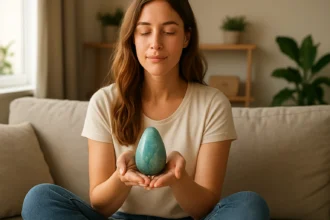 Žena drži amazonit, liečivý kameň podporujúci emocionálnu rovnováhu.