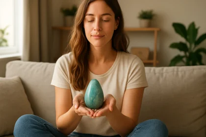 Žena drži amazonit, liečivý kameň podporujúci emocionálnu rovnováhu.